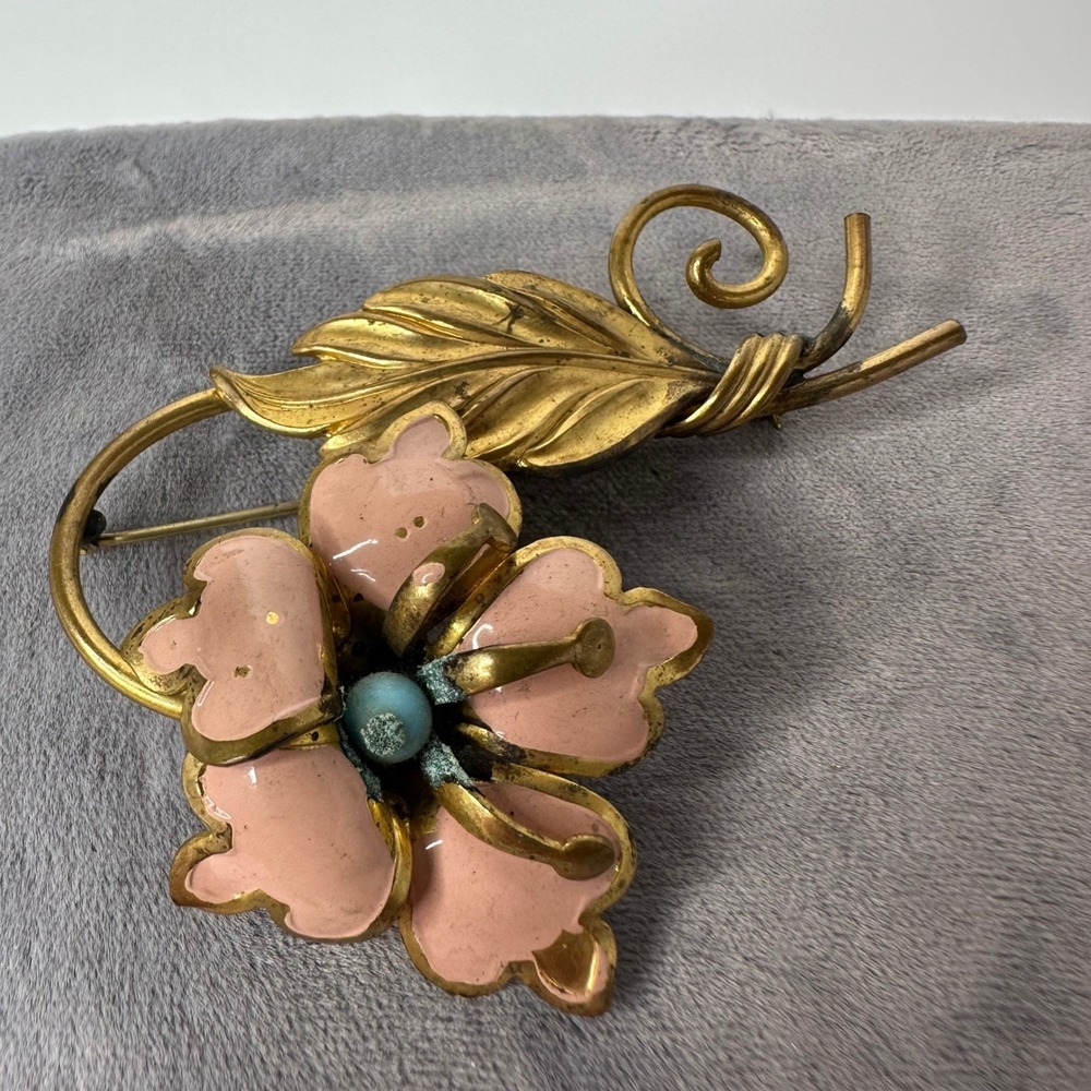 Vintage Pink Enamel Flower Brooch Gold Tone Leaf Blue Bead Pin Spring Romantic